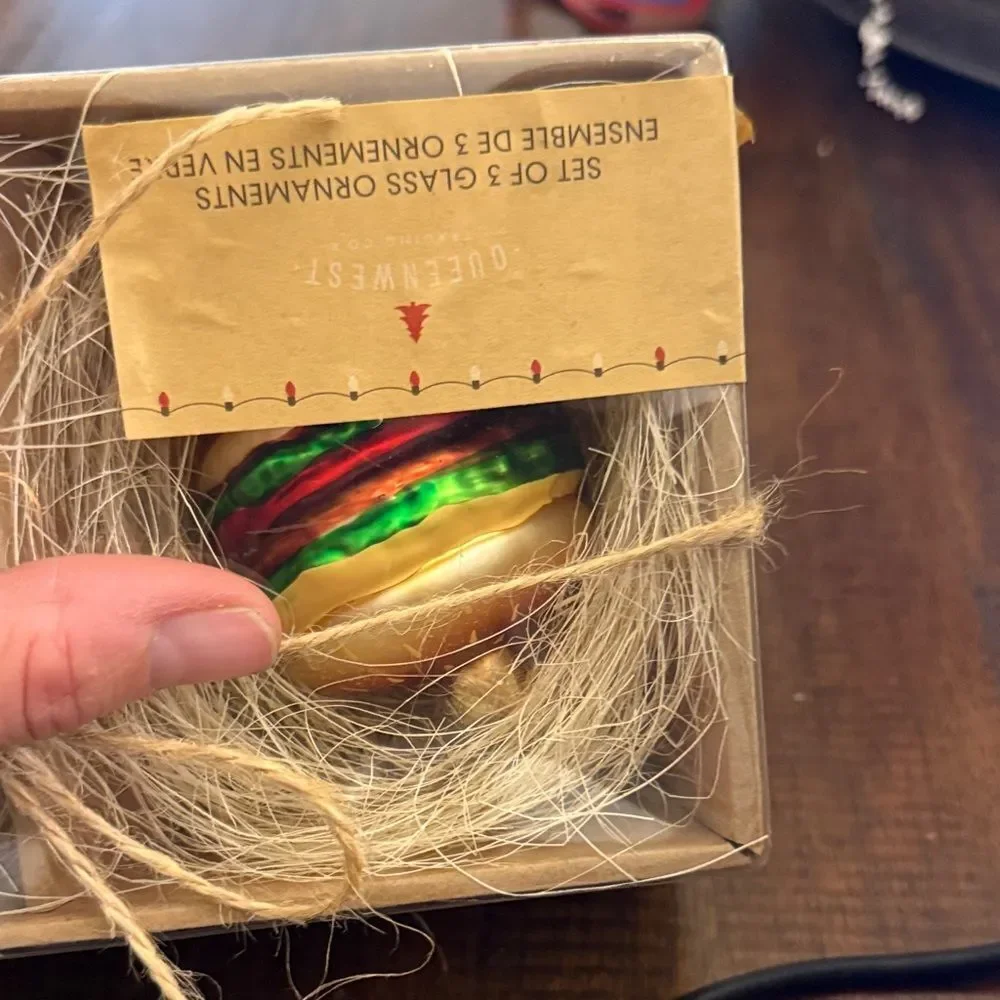 Festive Glass Ornament Set - Hamburger- Pizza-Fries